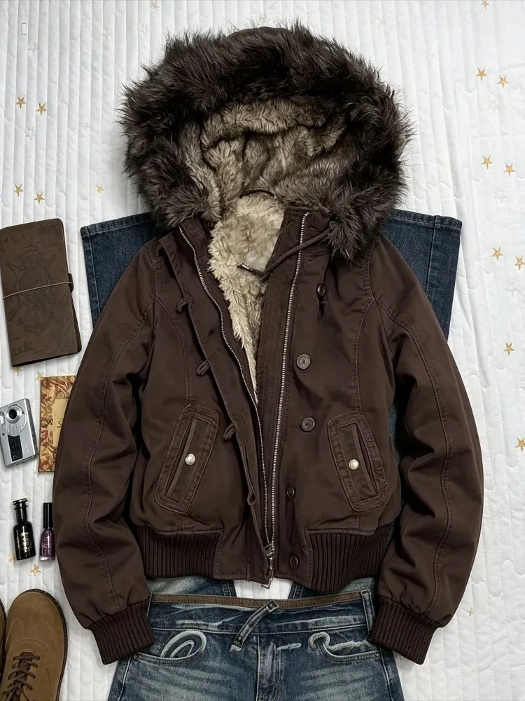 Ästhetik der 2000er Jahre Damen Winterparka mit Kunstfellbesatz an der Kapuze, lockerer, wattierter langer Mantel, Hip-Hop Street Casual warme Oberbekleidung, modisch, neu