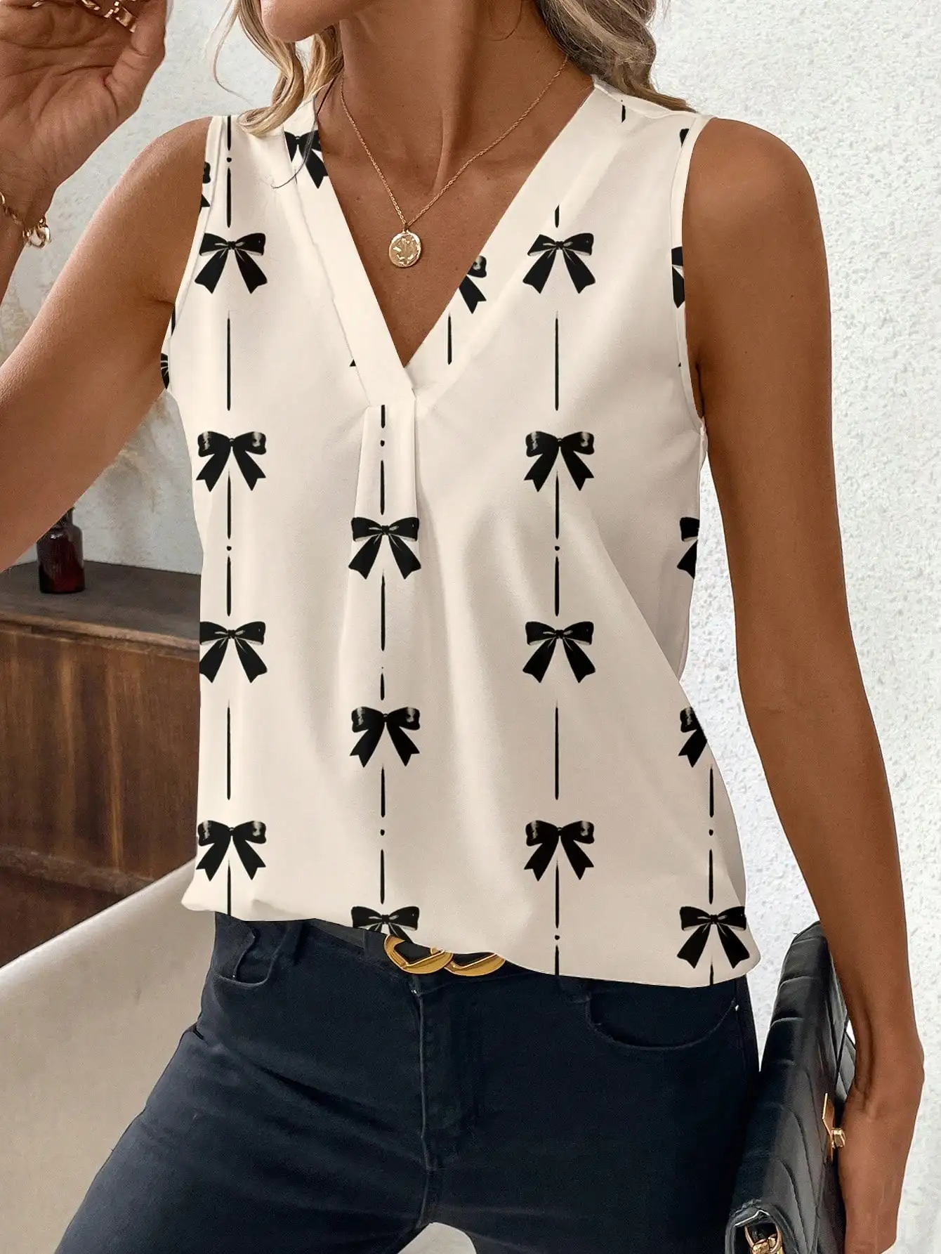 

Женская летняя новая рубашка без рукавов с галстуком-бабочкой, рубашка с v-образным вырезом, пуловер