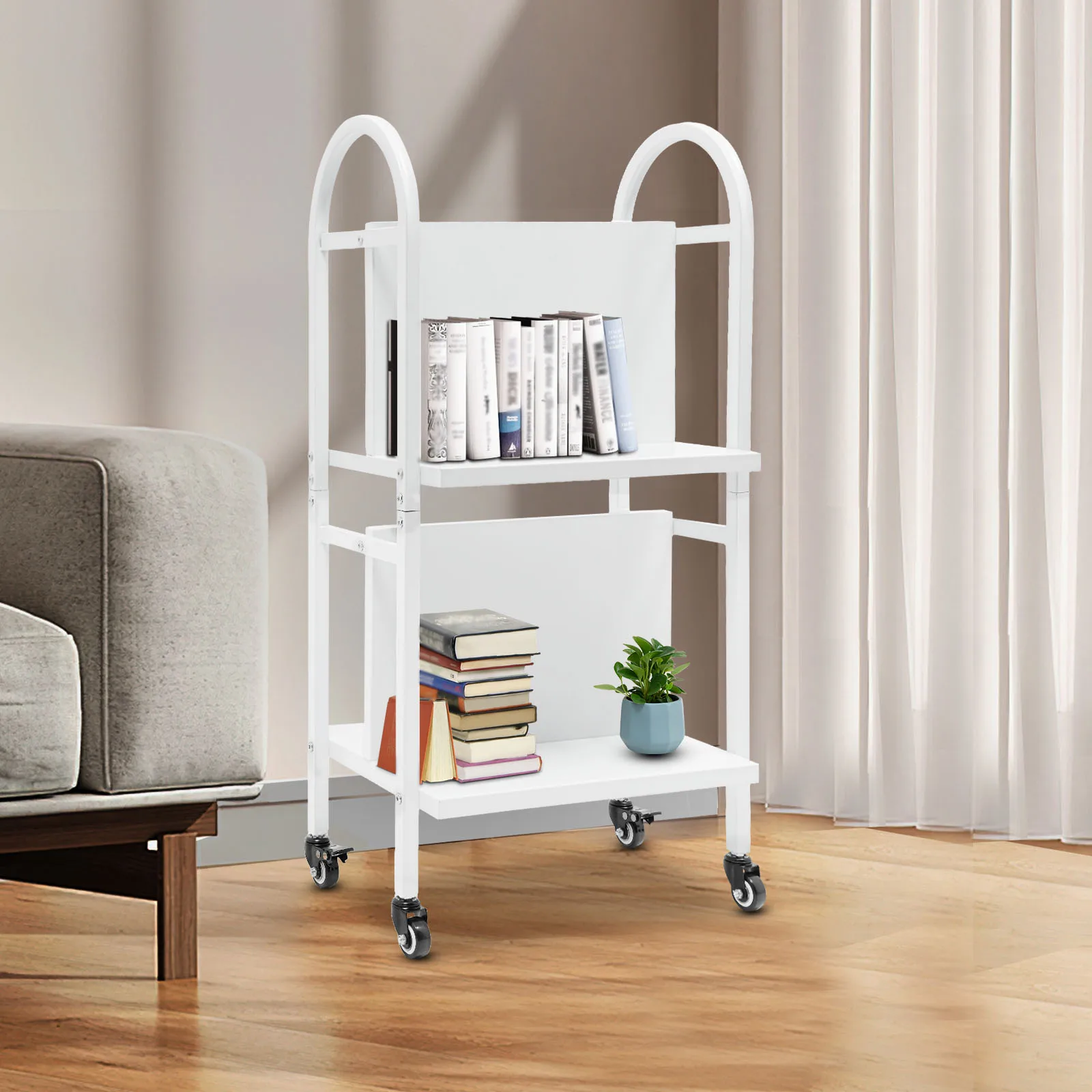 2-Shelf Bookcase Trolley with Dividers Library Book Cart, Rolling Book Cart, Office Book Cart White