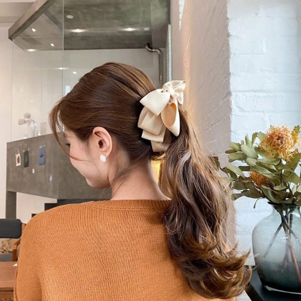 Korea Style Sweet Hairpin Cute Ribbon Bow Imitation Pearl Banana Hair Clip Women Fashion Hair Accessories