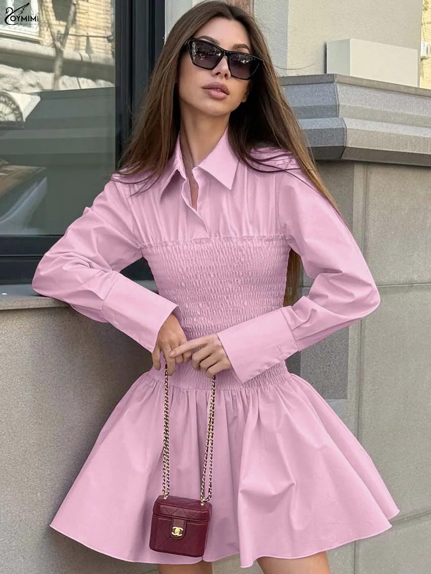 

Oymimi Elegant Pink Cotton Women's Dress Autumn Lapel Long Sleeve Button Dresses Fashion High Waist Pleated Mini Dresses Female