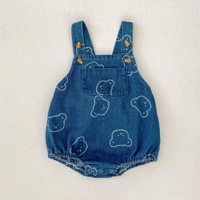 

2025 весенне-осенняя новая детская одежда для детей 0-2 лет, джинсовые комбинезоны с милым принтом медведя для мальчиков и девочек