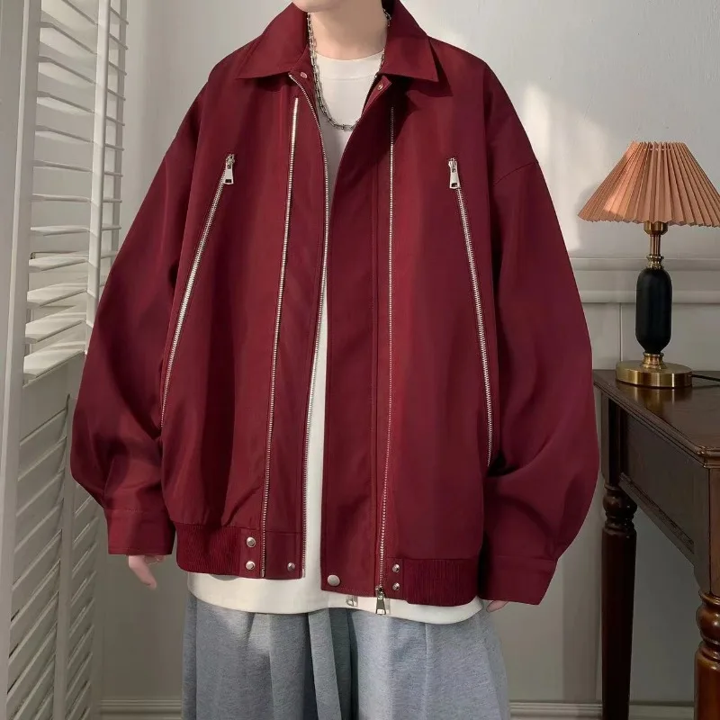 

High Street Zipper Jacket Men's Spring Autumn Pilot Jackets Turn Down Collar Long Sleeves Solid Colar Pockets Tops Coat