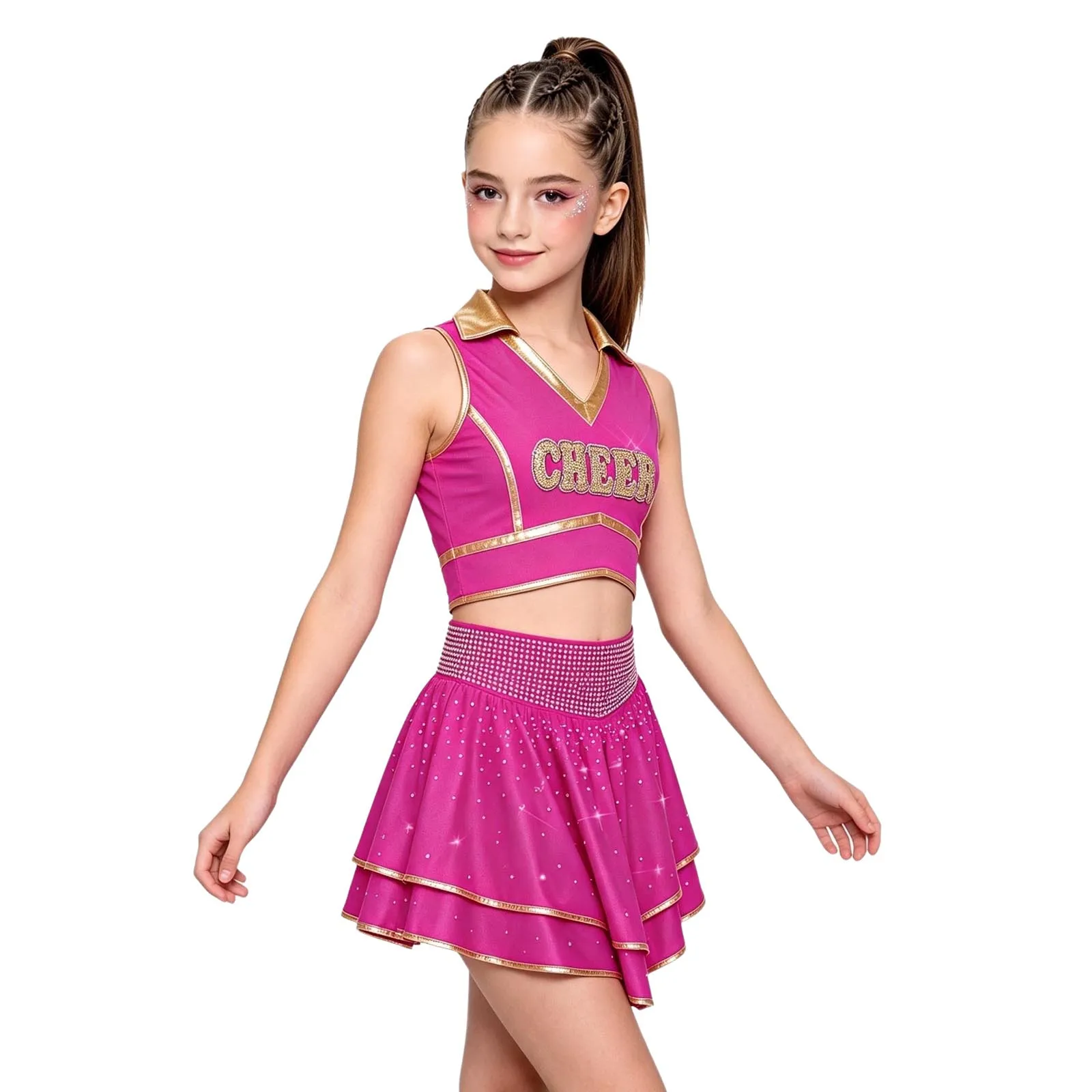 Cheerleader-Kostüm für Mädchen mit Metallic-Besatz, Strass-Cheerleading-Uniform, ärmelloses Crop-Top mit V-Ausschnitt und Rüschenrock – Detail 8
