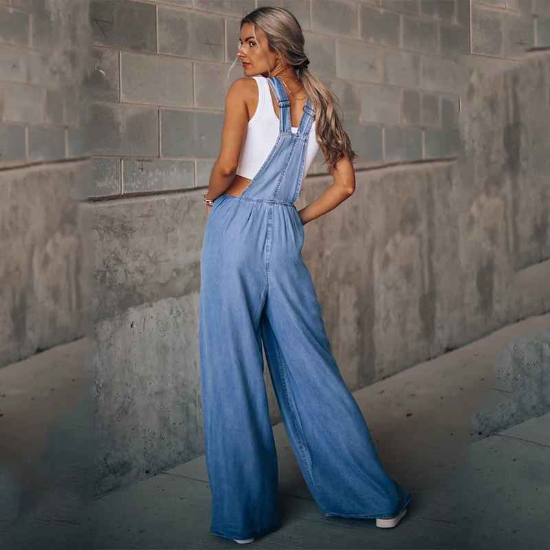 Summer Overalls For Women Blue Denim One-Piece Jumpsuits Loose Wide-Leg With Pocket High-Waist Jumpsuits