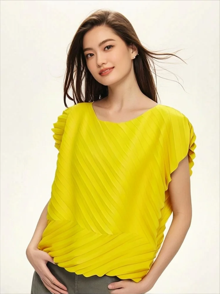 

Miyake 2025 Summer Pleated Pleated Top Women's Short-sleeved Bottoming Shirt Loose T-shirt Crew Neck Short Foreign Style