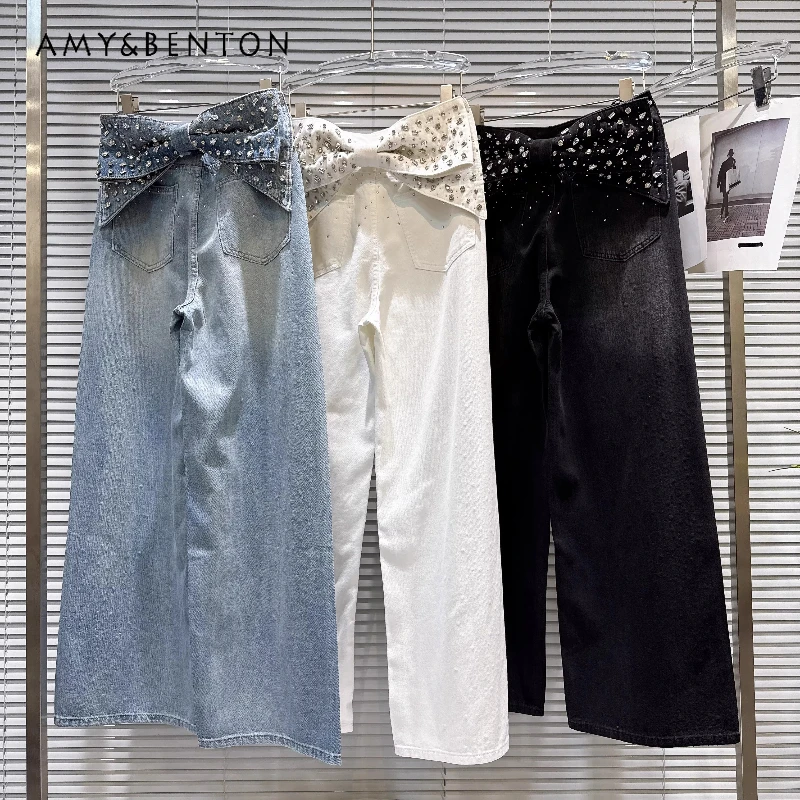 

2026 Spring New Women's Long Pants Original Design Fashionable Hot Girls Style 3D Bow Loose Rhinestone Wide-Leg Jeans Ladies