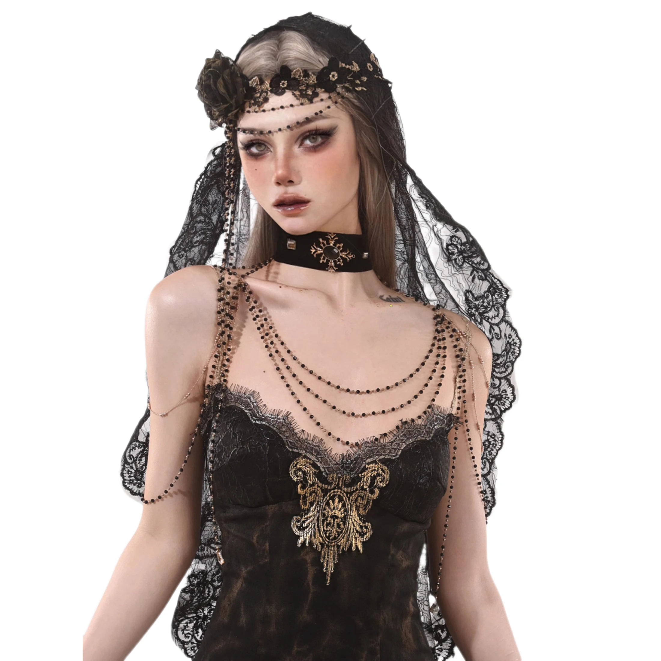 

Exquisite Gothic Black Lace Bridal Veil Intricate Floral Embroidery Delicate Beaded Accents for Wedding/Boho/Halloween Party