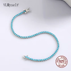 16/17/18 cm Length Beautiful Real 925 Fine Jewelry For Women Pure Silver 2 mm Turquoise Blue Stone Tennis Bracelet