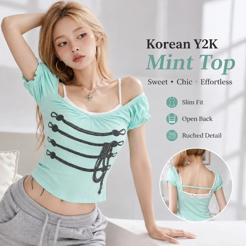 Women Y2K Graphic Ruched Top Korean Style Off Shoulder Slim Fit Open Back Short Sleeve Baby Tee Summer Streetwear