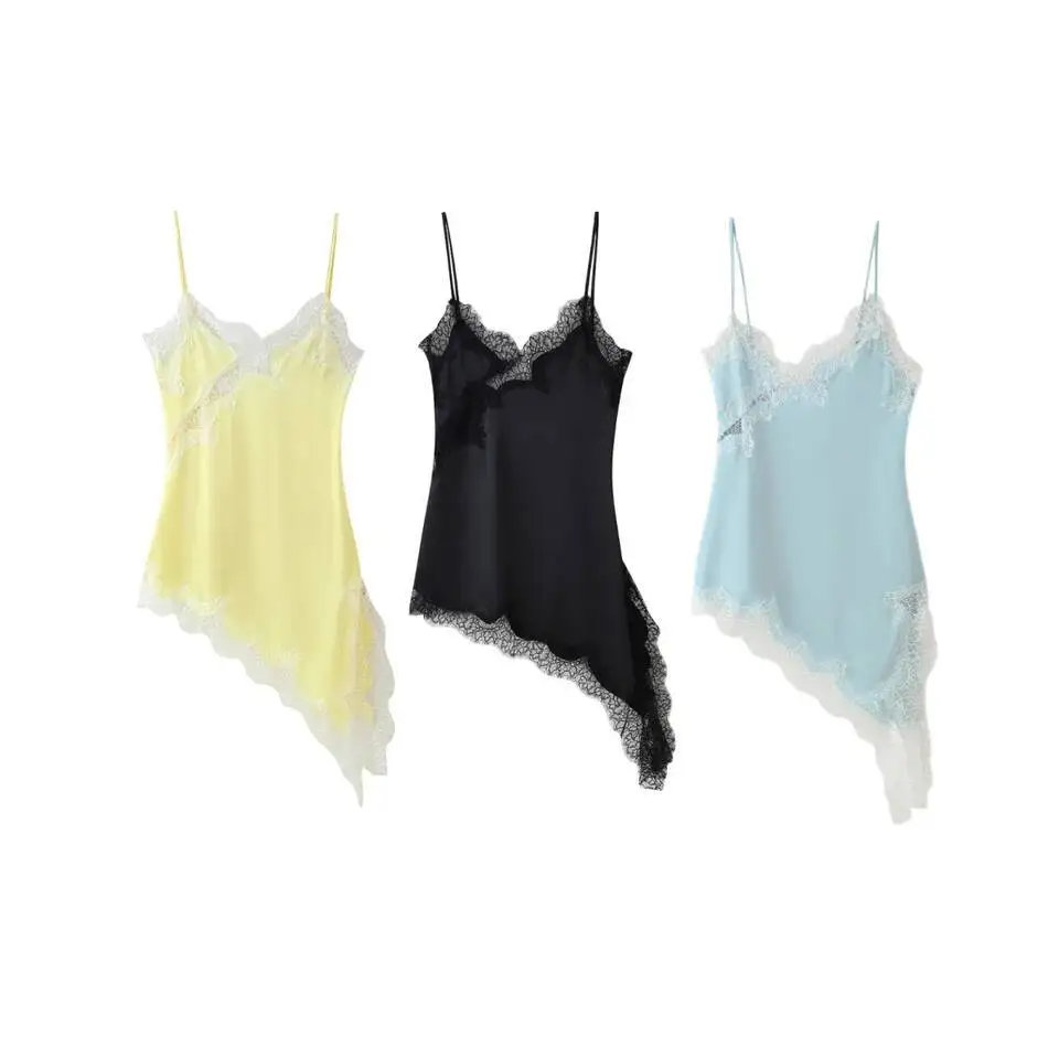 Dames tweekleurige kanten asymmetrische jurk met borstmake-up voor lente en zomer nieuwe dameskleding tank mini-jurk XCL8