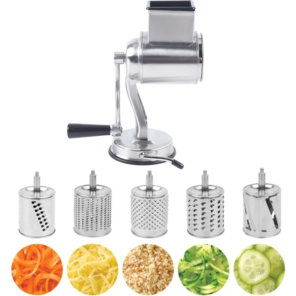 Rotary Cheese Grater Manual Cheese Shredder Multi-function Stainless Steel Vegetable Chopper Cutter with 5 Blades