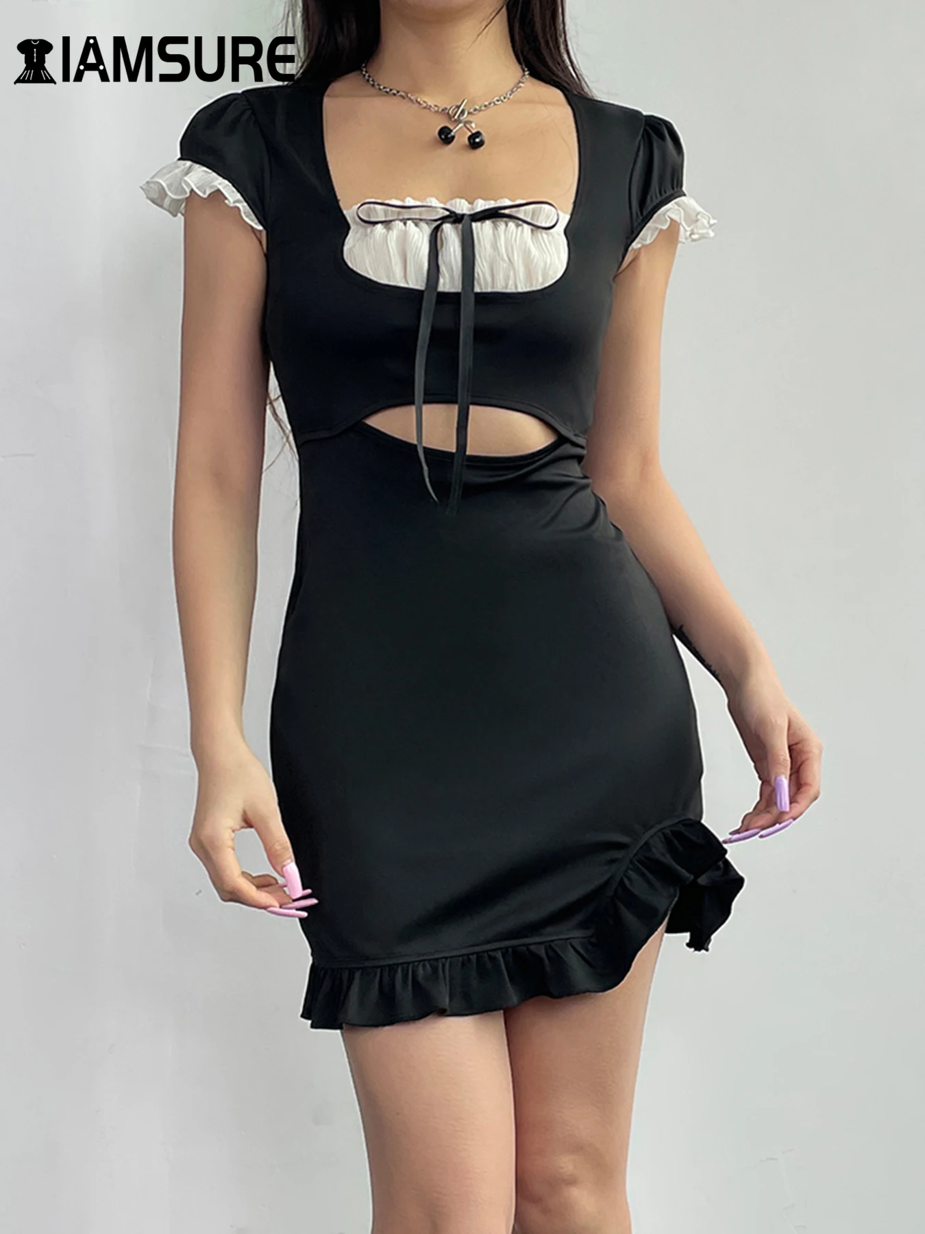 

IAMSURE Sweet Hollow Out Patchwork Bodycon Dress Sexy Slim Square Collar Short Sleeve Mini Dresses For Women 2024 Summer Fashion