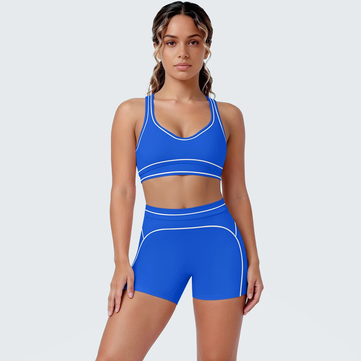 Rooftrellen Summer Yoga Set Shock-absorbing Running Yoga Bra Top with Chest Pad High Waist Color Blocking Fitness Shorts Set