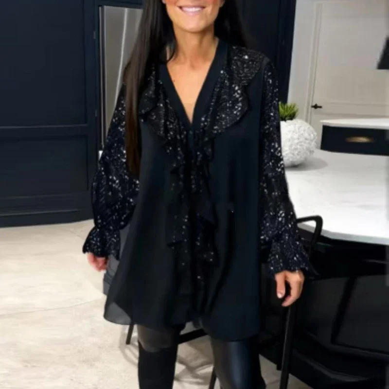 Sexy V Neck Ruffle Sparkly Sequin Blouse Woman 2026 Spring Fashion Patchwork Office Tops Pullover Autumn Long Sleeve Loose Shirt