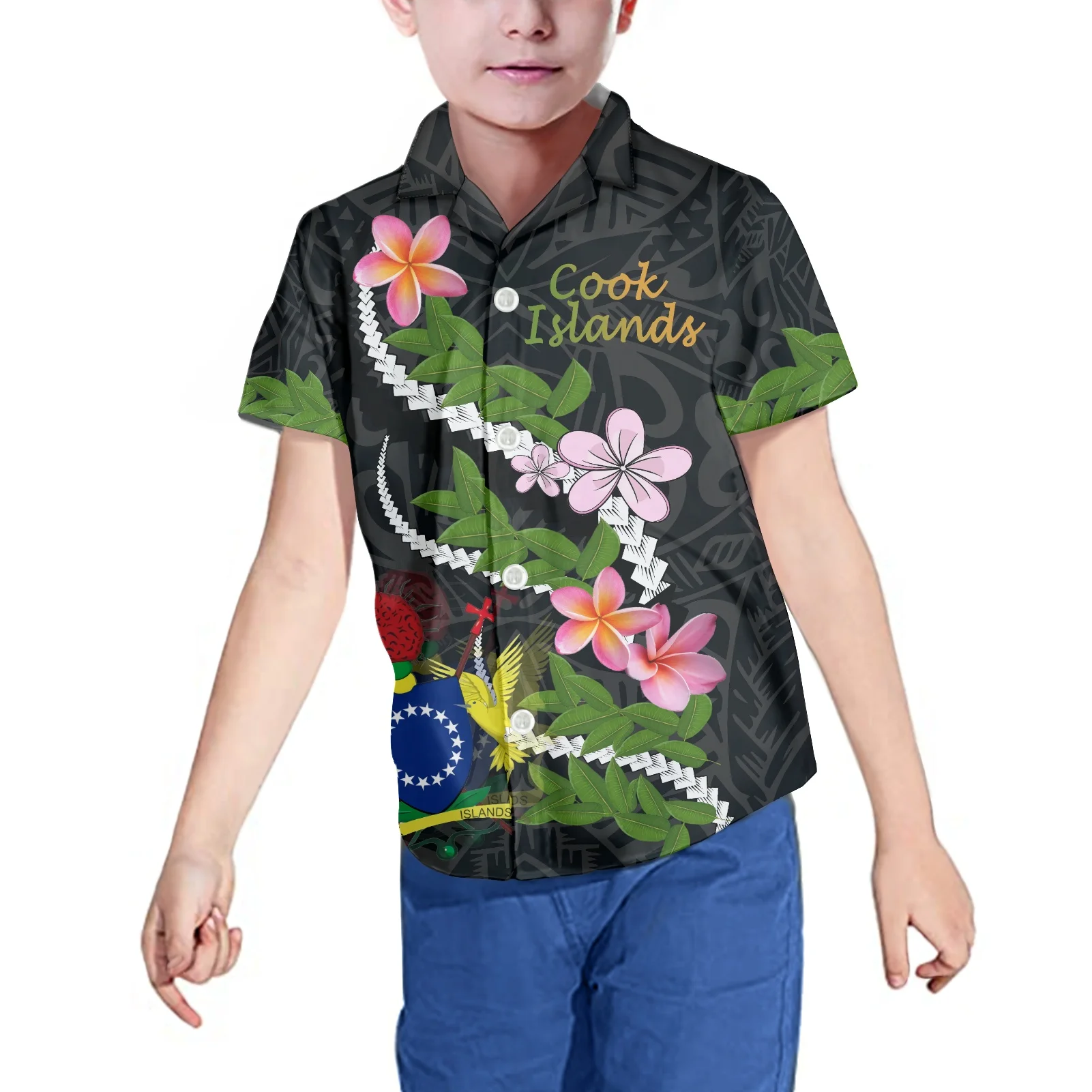 

Polynesian Flower Print Kids Graphic Tshirt Youth Short Sleeve T-Shirt Boy Design Your Own Text Image Photo Personalized Custom