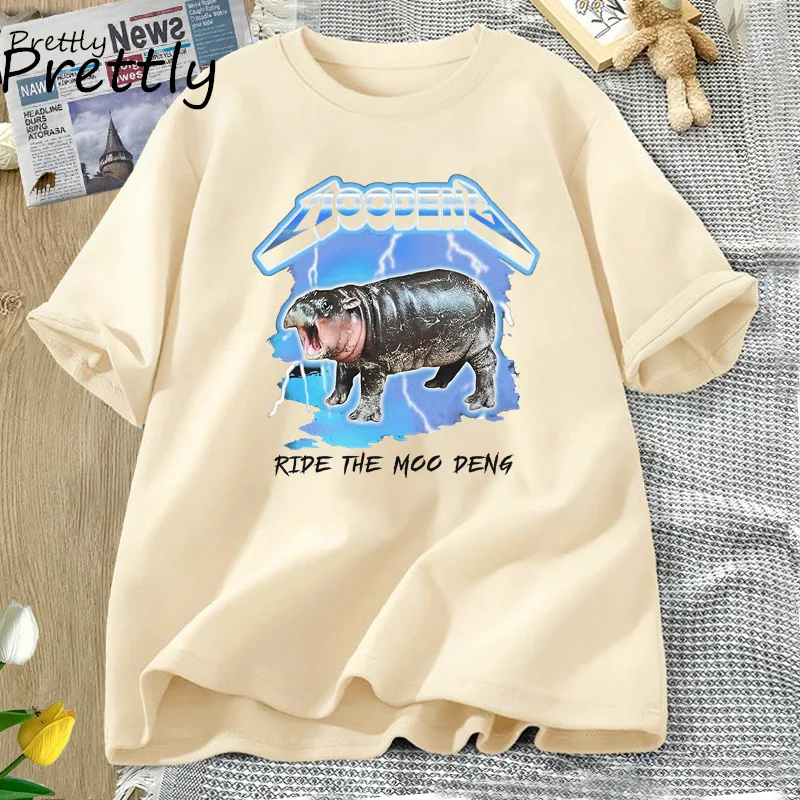 Moo Deng T-Shirt Women Men Ride The Moodeng Baby Hippo Unisex T Shirt Hippopotamus Graphic T Shirts Cotton Casual Short Sleeve