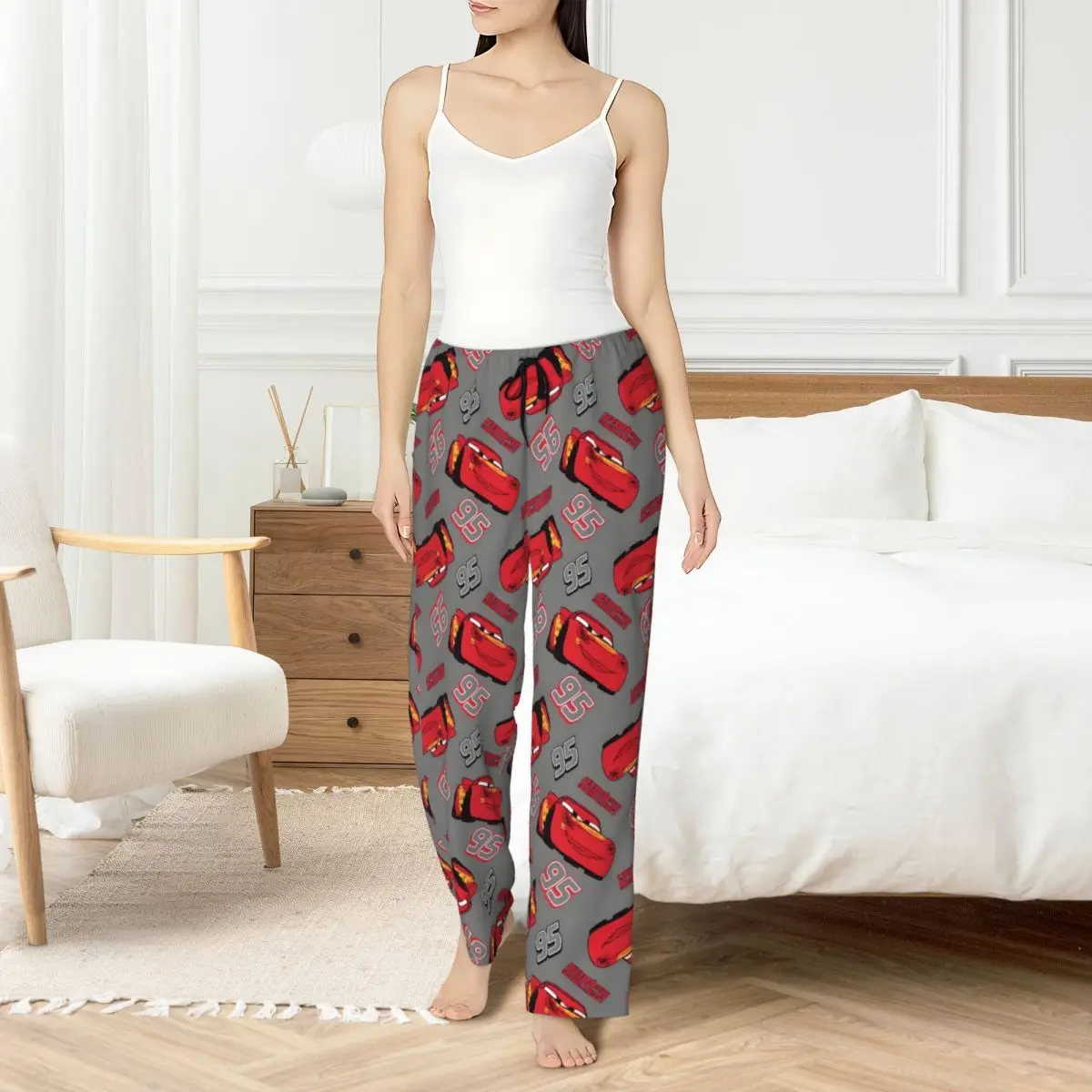 

Custom Lightning McQueen Pajama Pants Sleepwear Women's Elastic Waistband fictional stock car Sleep Lounge Bottoms with Pockets