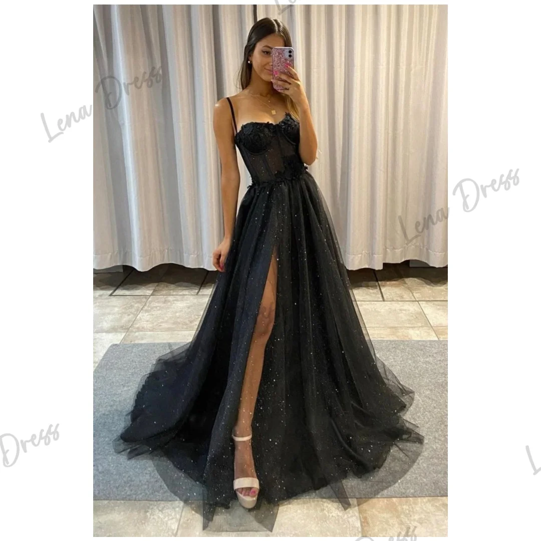 Black Prom Dresses Sale Gauze Elegant Party Dresses for Women Luxury Prom Dress 2024 Line A Lena Spaghetti Straps Lace Evening