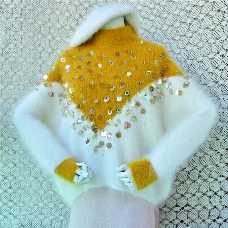 Elegant Fashion Ladies Women Autumn Winter Mink Cashmere Knitted Beading Mock Neck Long Sleeves Loose Pullover Sweater Jumper