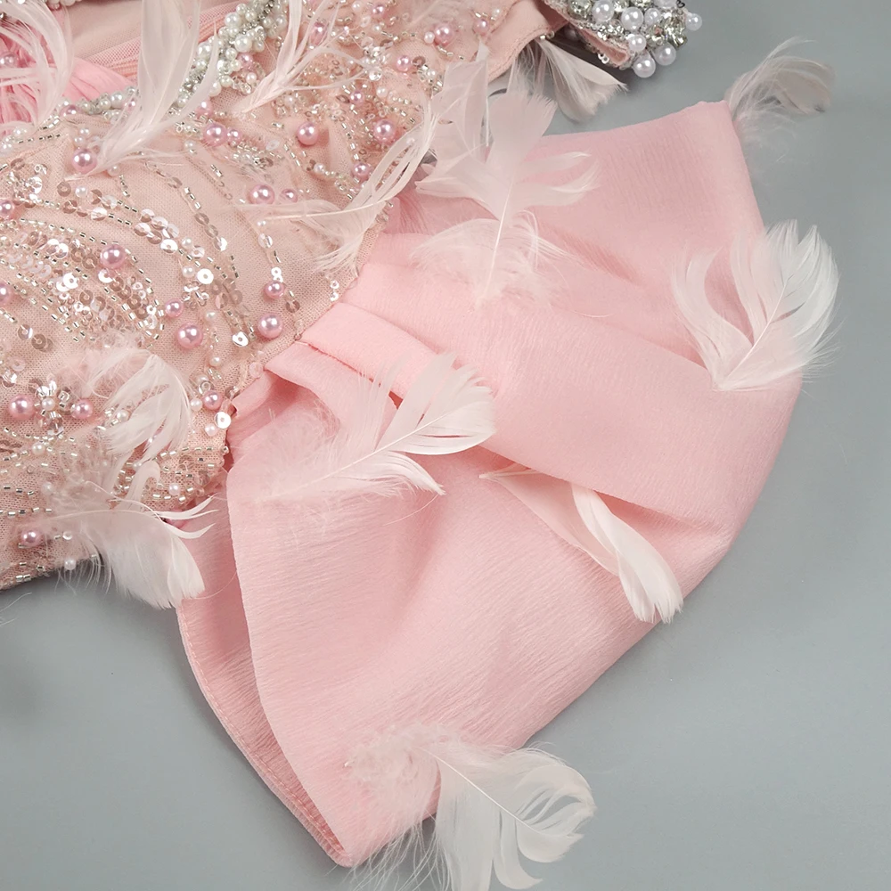 Elegante abito da sera con perline rosa con spalle gonfie e dettagli ritagliati – Abito lungo formale di lusso per donna Vestido