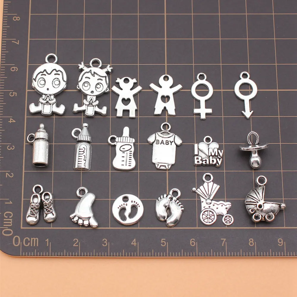 Supplies For Jewelry Antique Silver Color Baby Bottle Pacifier Stroller Feet Charms Collection  Cute Ornaments 18pcs