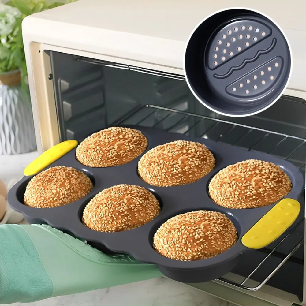 

6 Cavity Hamburger Bun Mold Non-stick Easy To Release Silicone Baking Pan Oven Safe Heat Resistant Oven Baking Plate Household