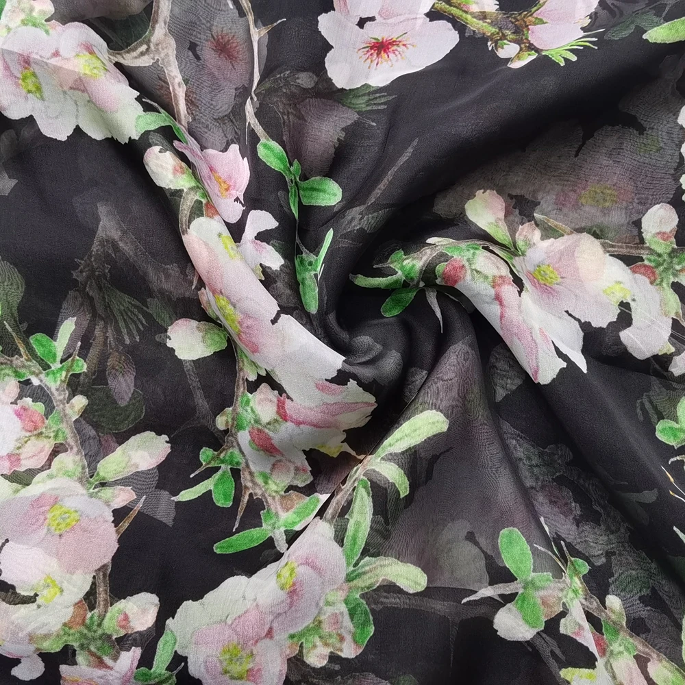 1 meter X 1.34 meter 100% Mulberry Silk Chiffon Fabric Black Pink Floral