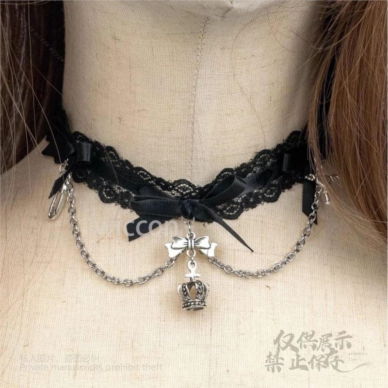 أسود وردي طوق الدانتيل Y2K Jirai Kei اليدوية القوطية المختنق الألغام سلسلة الشريط قلادة لوليتا فتاة قلادة نسائية لوليتا