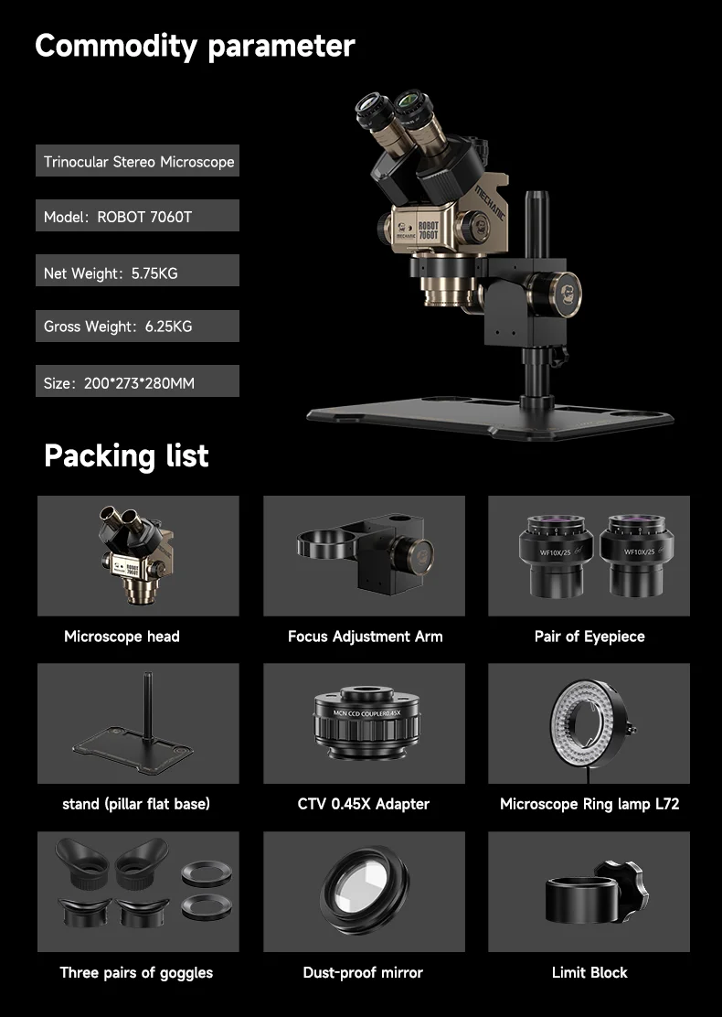 MECHANIC ROBOT 7060T Trinoculaire Stereomicroscoop 7X-60X Zoom WF10X25 Oculair 0.45X Adapter voor Telefoon PCB IC Soldeerreparatie