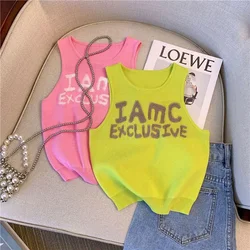 Pink Sleeveless Knitted Halter Vest Women's Summer 2024 Fashion Letter Embroidered Crop Top Outside Wear Tank Top