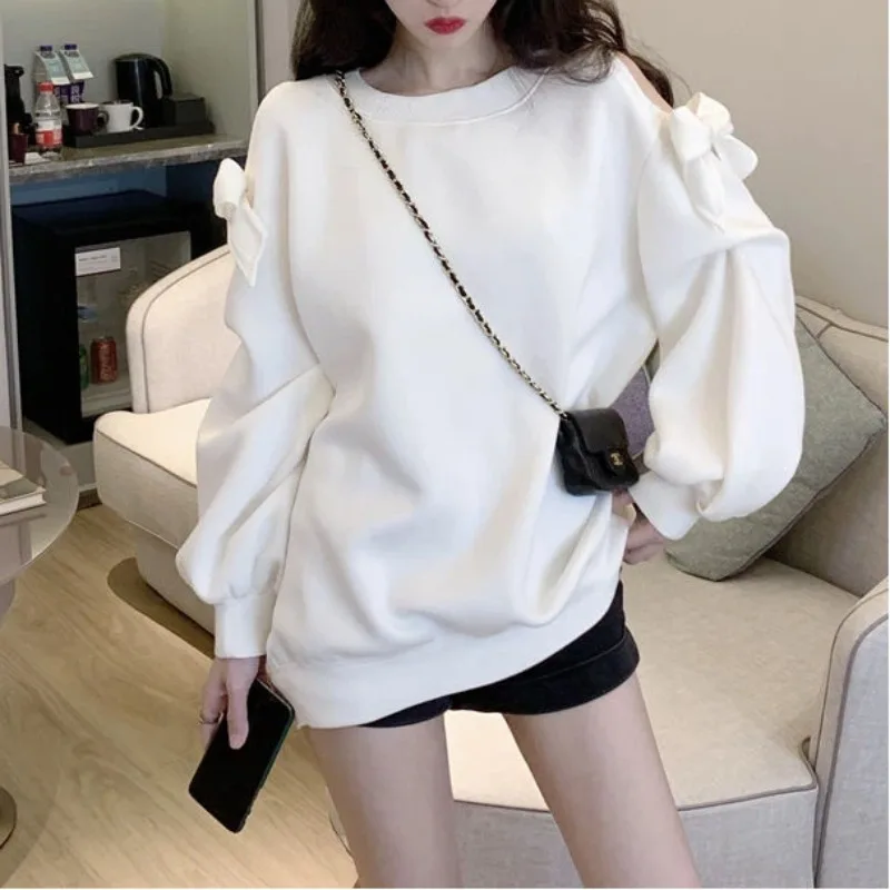 

Women's Gray Cold Shoulder Bow Decor Sweatshirt Loose Long Sleeve Oversized Casual Daily Wear Pullover