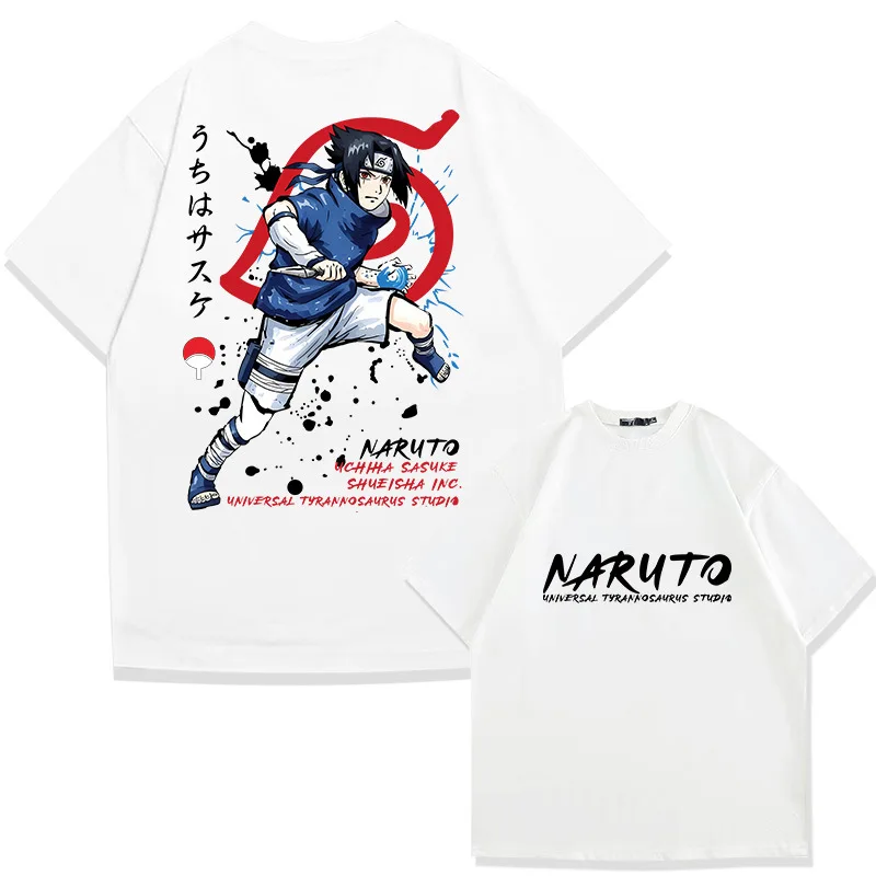 

Детская футболка с японским аниме-принтом (Наруто, Саске), из чистого хлопка, с двусторонней печатью, повседневная свободная футболка для родителей и детей