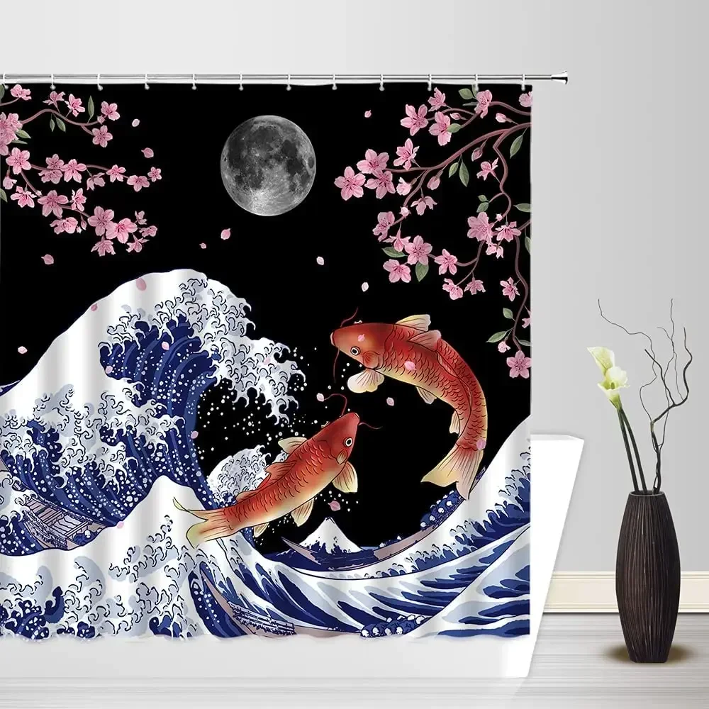 Japanese Koi Cherry Blossom Shower Curtain Set Moon Sea Wave Creative Starry Sky Background Fabric Bathroom Decor Curtains Hooks