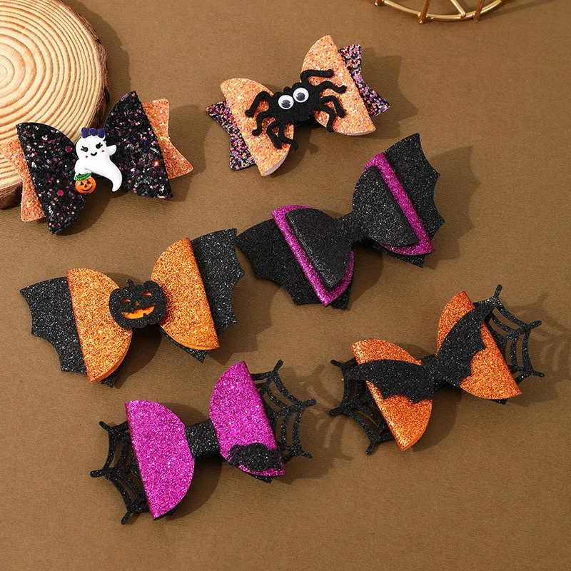 4/6/10PCS Halloween Glitter Hair Bows Clips Pumpkin Devil Bows Clips Girls Festival Party Barrettes Clips Kids Hair Accessories