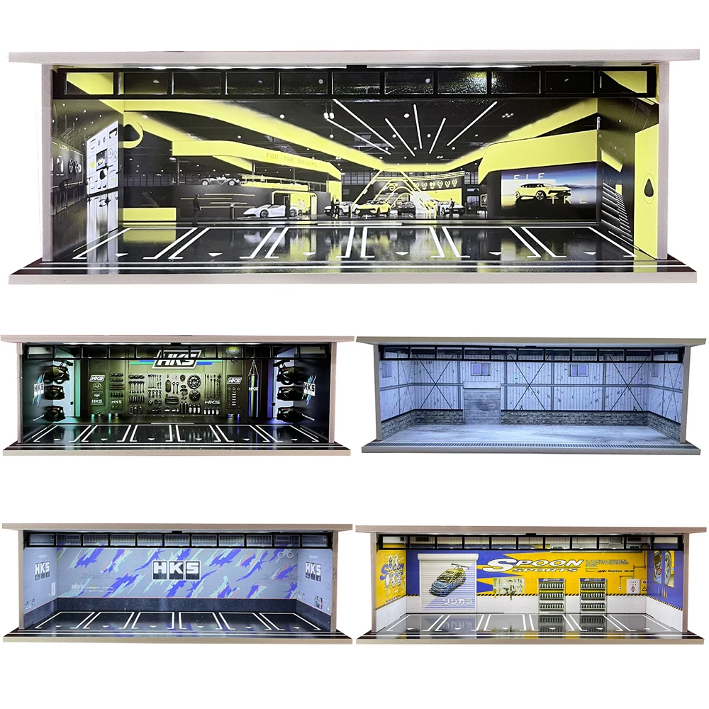 Kit modello di parcheggio Diorama in scala 1/64 con illuminazione a LED Scena di visualizzazione per auto Set di giocattoli per assemblaggio di fondale per garage per collezionisti