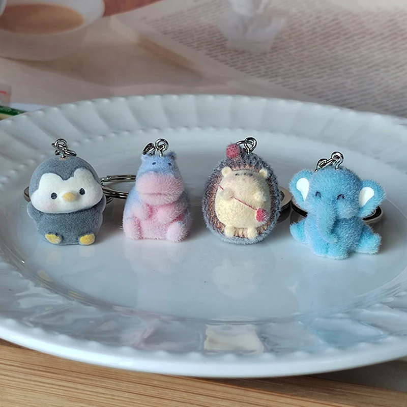 3D Flocking Elephant Hedgehog Hippo Penguin Keychain Phone Lanyard Cute Cartoon Animal Keyring Bag Pendant Couple Key Holder