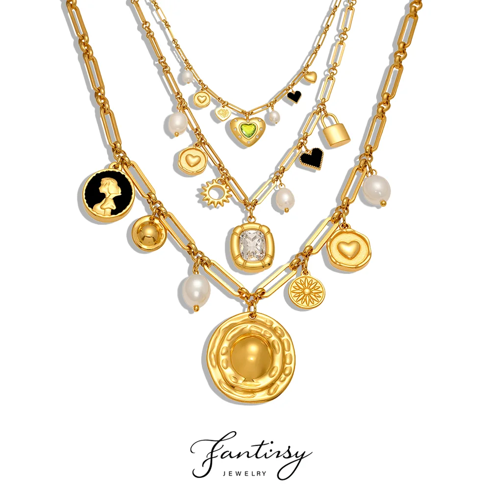 

Модное круглое ожерелье с подвеской в форме сердца для женщин, нержавеющая сталь 316, жемчуг, черная эмаль, массивная цепочка, ожерелье, женские ювелирные изделия