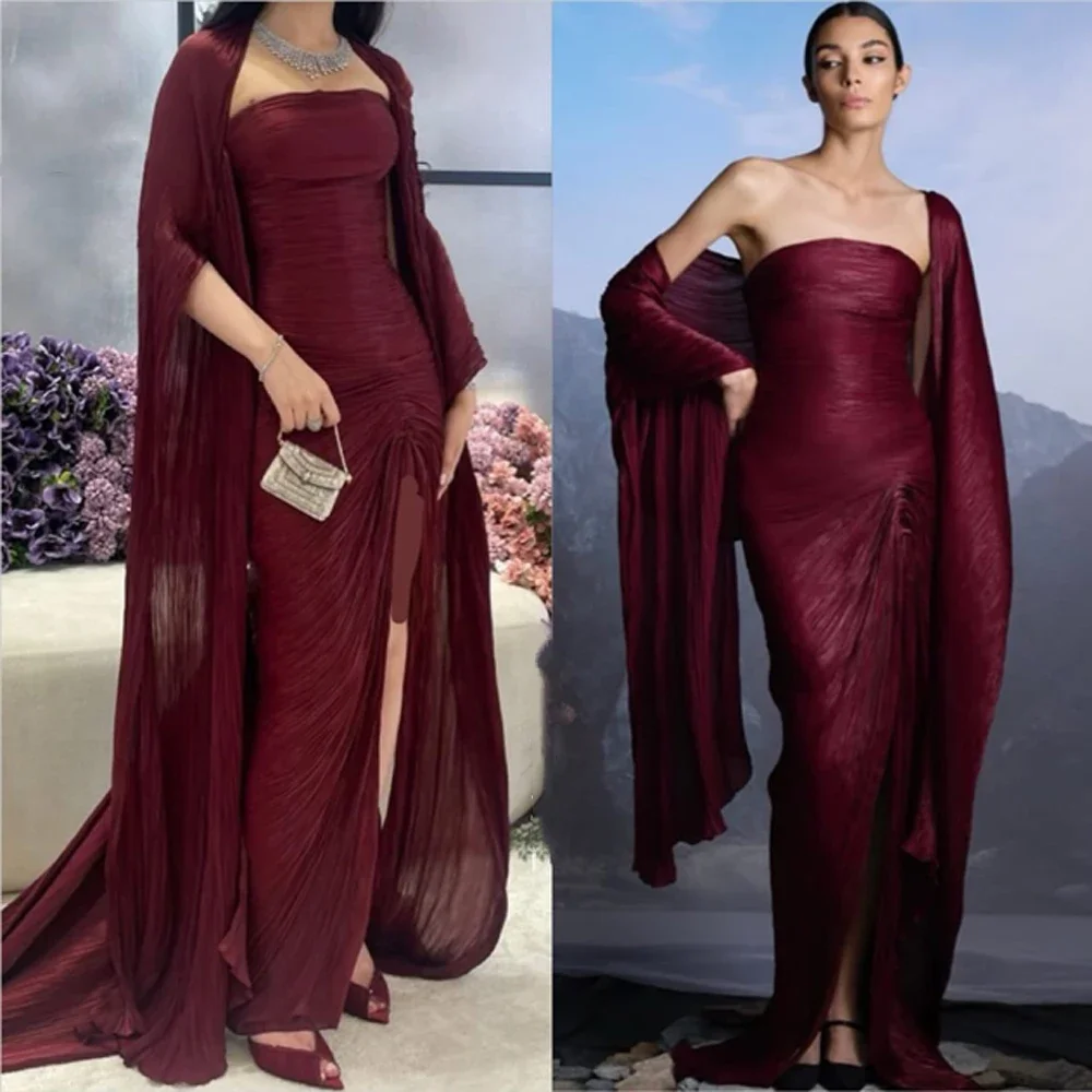 

Simple Tulle Pleat Evening Dress Strapless With Shawl Mermaid High Slit Elegant Formal Party Prom Gown Customized