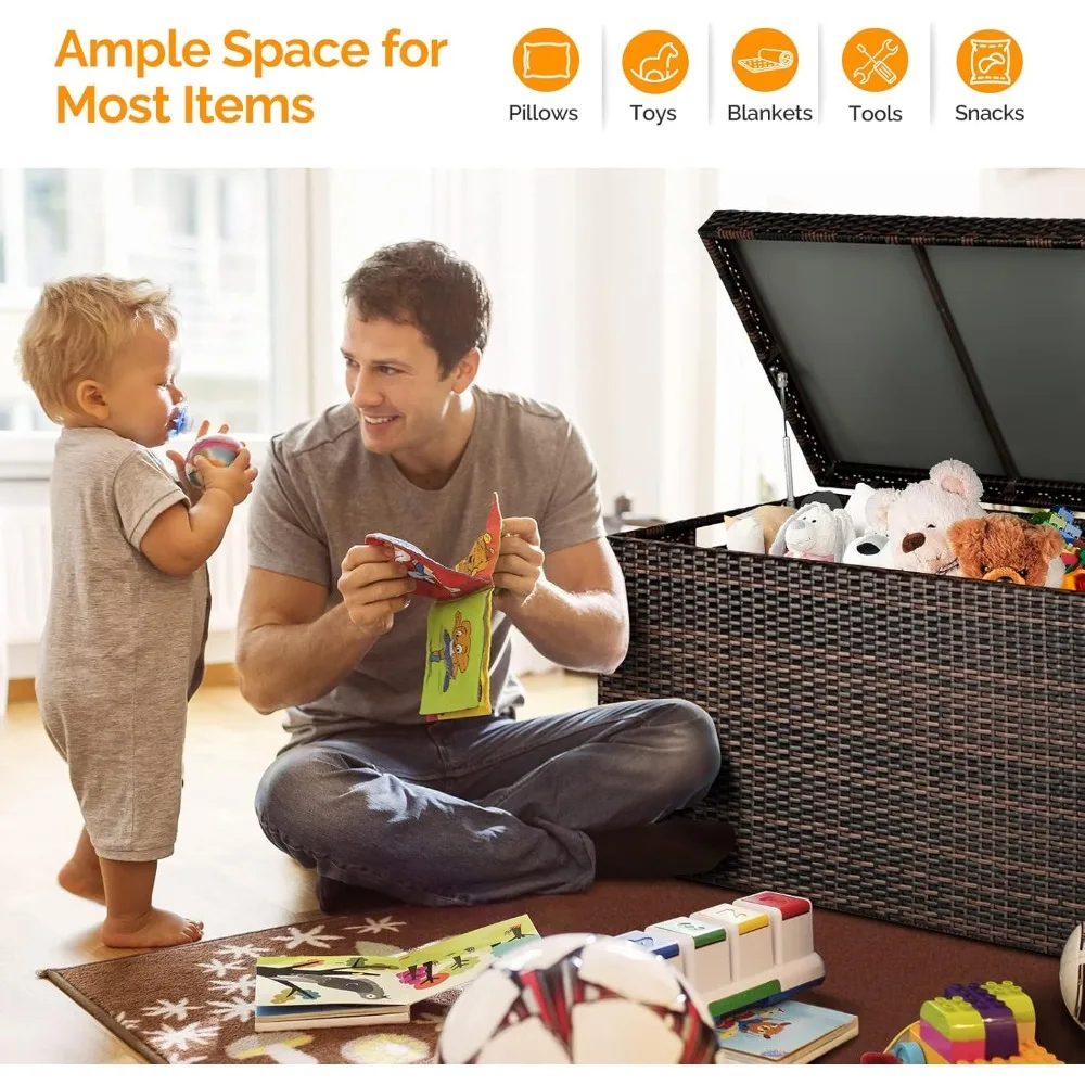 Upgraded Version 132 Gallon Outdoor Storage Box, Patio Rattan Deck Box, Wicker Storage Bench for Indoor, Outdoor, Pool, Balcony