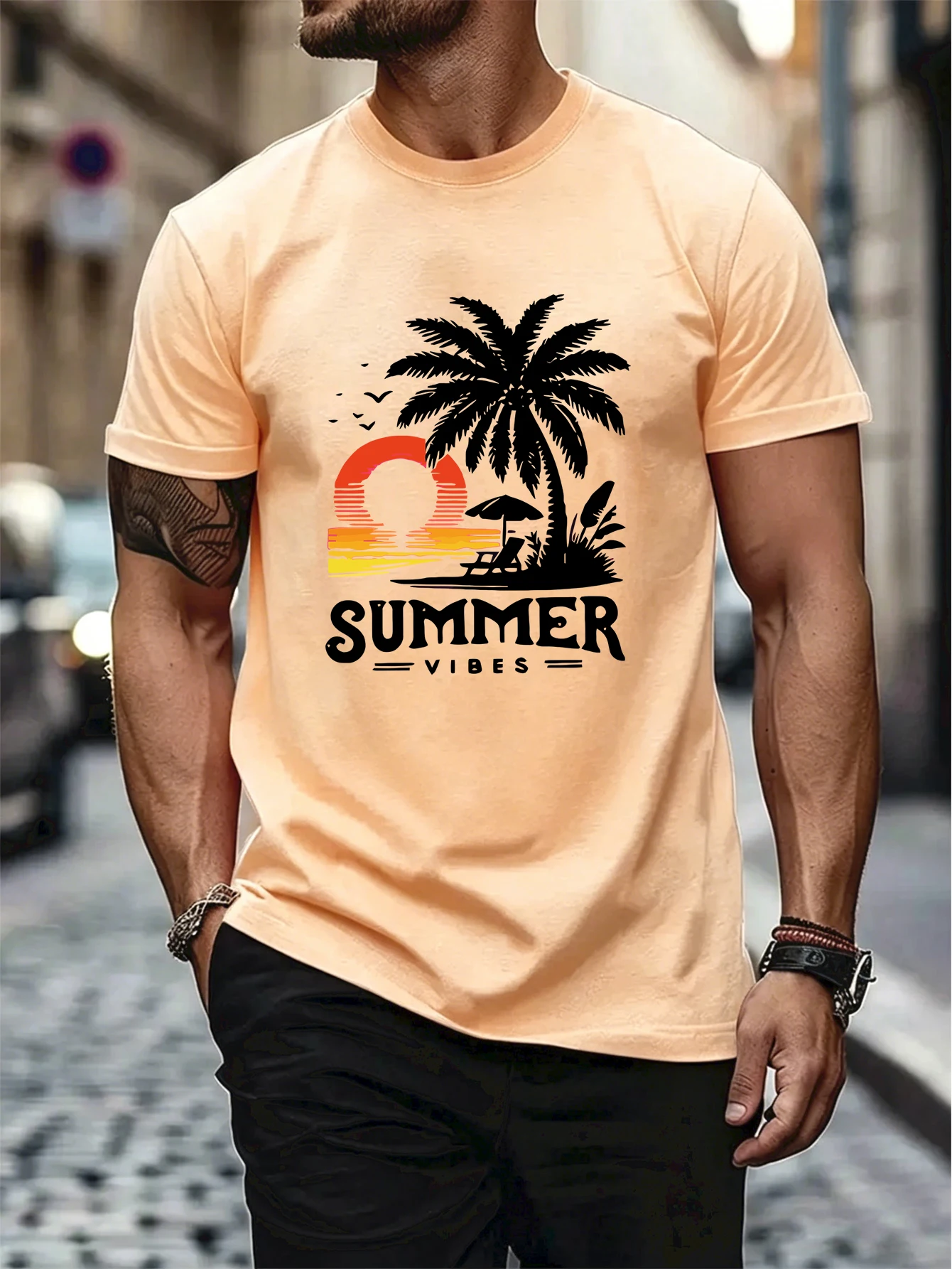 Summer Sunset Vibes Coconut Tree Printing O-Neck Soft T-Shirt Mans Cotton Short Sleeve All-Match Casual Tops Daily Office Tee