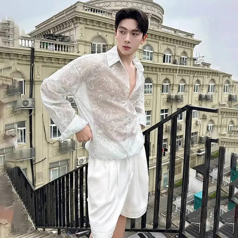 LUZHEN 2026 New Embroidery Pattern Handsome Long Sleeve Shirts Men's Fashion Elegant High Quality Perspective Casual Tops JY6809