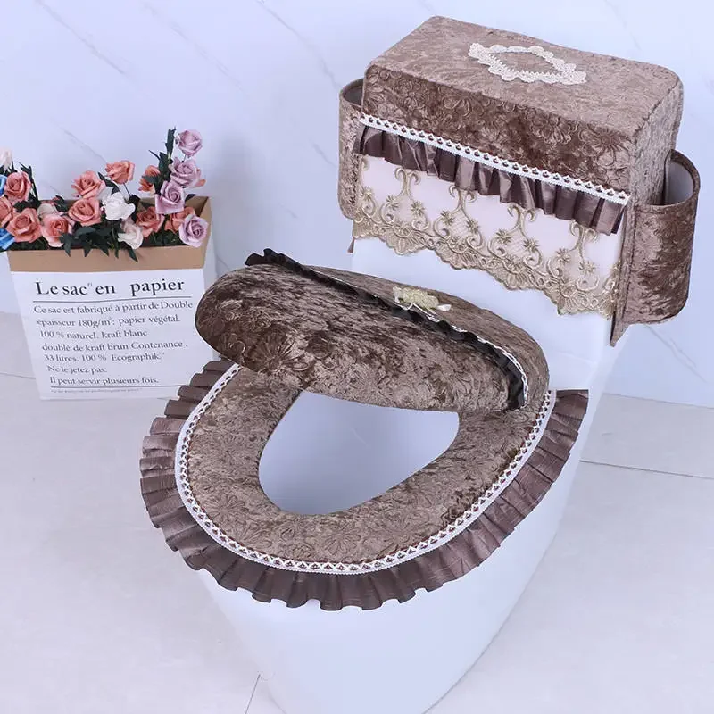 Bathroom Toilet Seat Cushion Mat 3 Pieces/Set Universal Plush Toilet Cover With Lace Toilet Seat Covers Washable Warm Soft