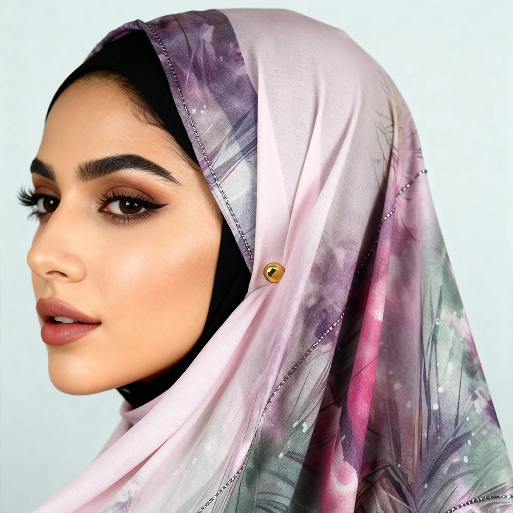 Luxuriöser Hijab mit Strassbesatz, rosa Aquarell-Berg-Design auf weichem Chiffon, butterweicher Kopfbedeckung ​