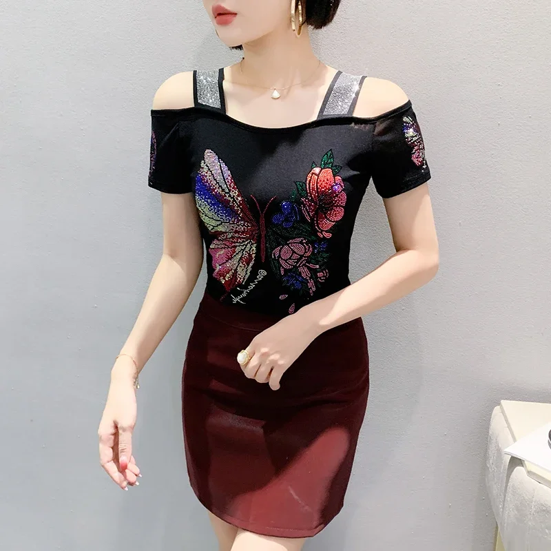 Mode sexy off-shoulder vlinder hot boren dames T-shirt luxe 2025, zomer nieuwe collectie diamant mesh tops