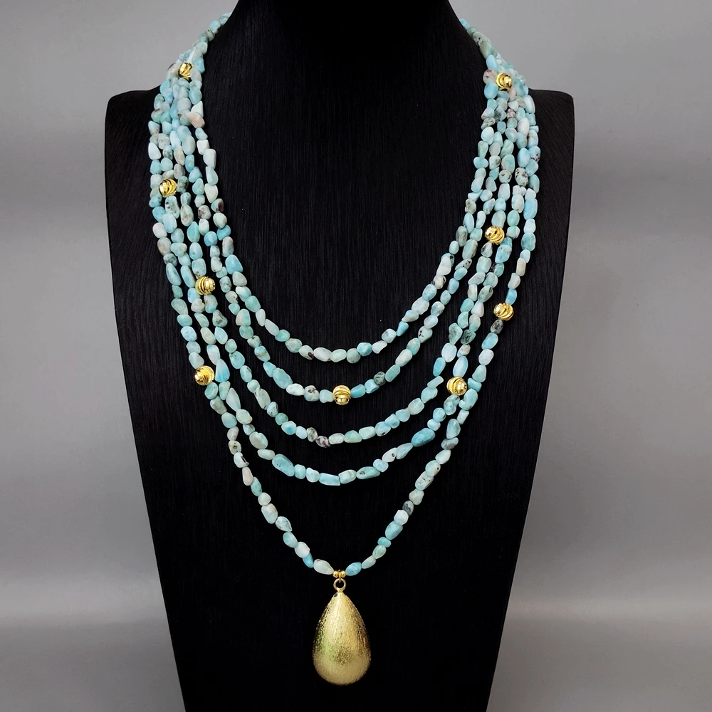 YYGEM 5 Strands 6x8mm Natural Blue Larimar Beads 22x42mm Teardrop Pendant Layered Necklace
