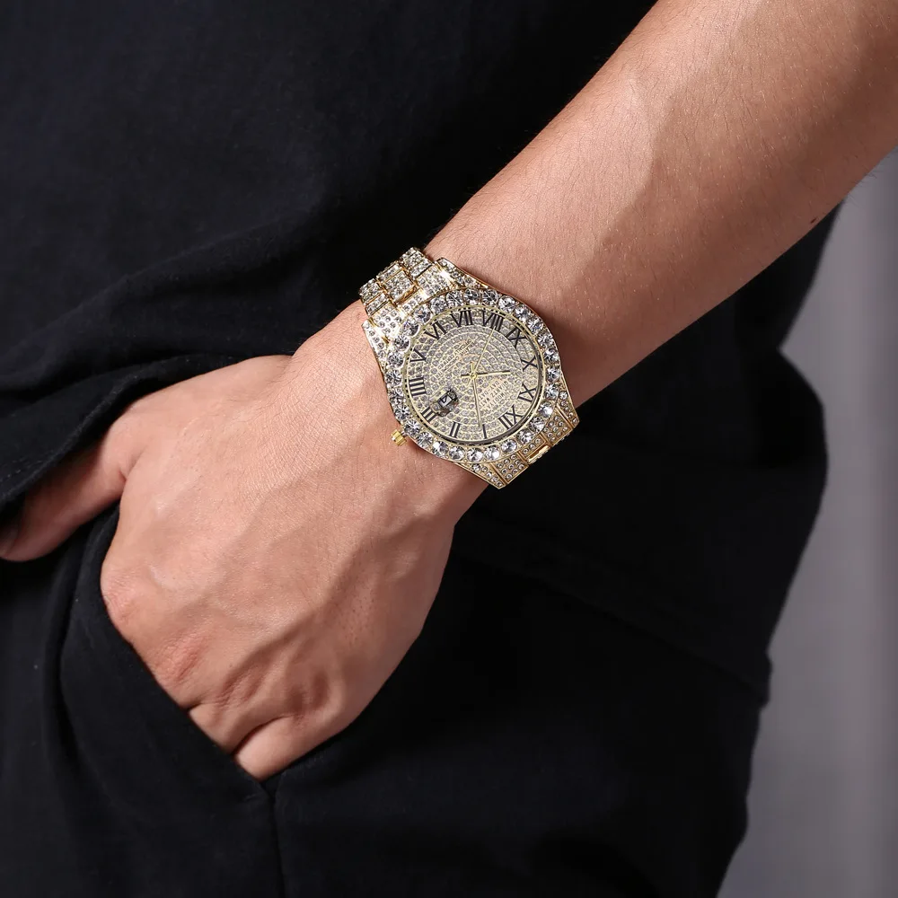 Classic Luxury  Golden Men's Steel Strap Roman Scale Rhinestone Calendar Quartz Watch Fashion Male Wristwatch Relogio Masculino image 3