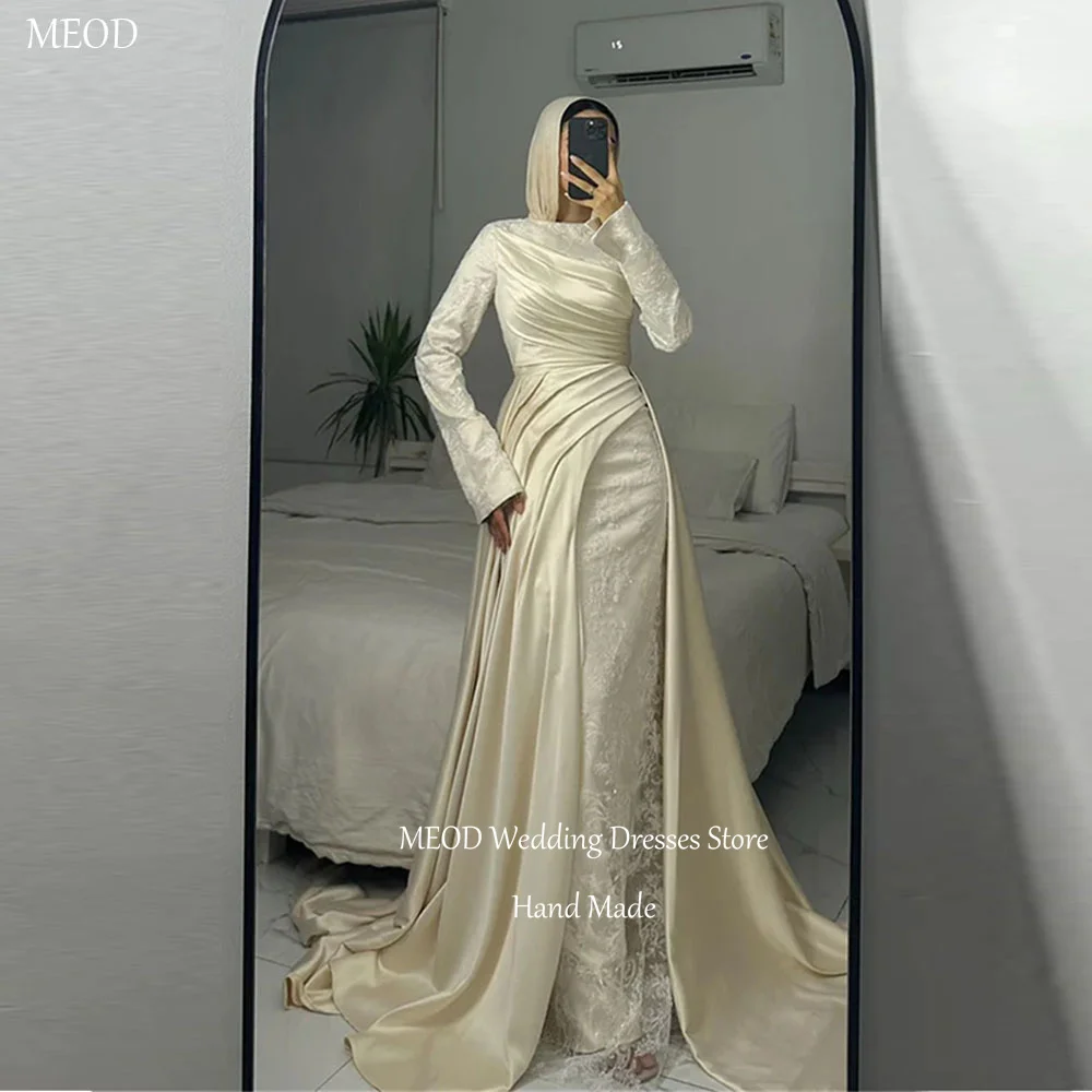 MEOD Elegantes Satin-Abendkleid für Damen, langärmlig, O-Ausschnitt, Ballkleid, Dubai, bodenlang, Spitze, hoher Schlitz, maßgeschneidert