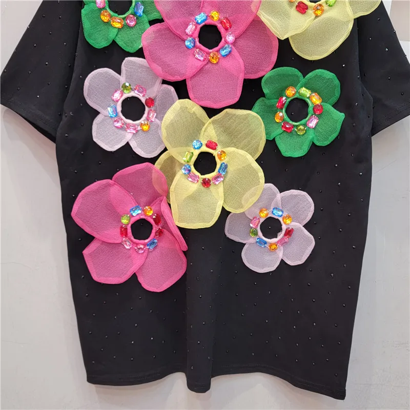 Women Stars Hot Drilling Diamonds Beaded 3D Flowers T-shirts Crystal Floral Tees Casual Short Sleeved Jumpers O-Neck Crop Tops