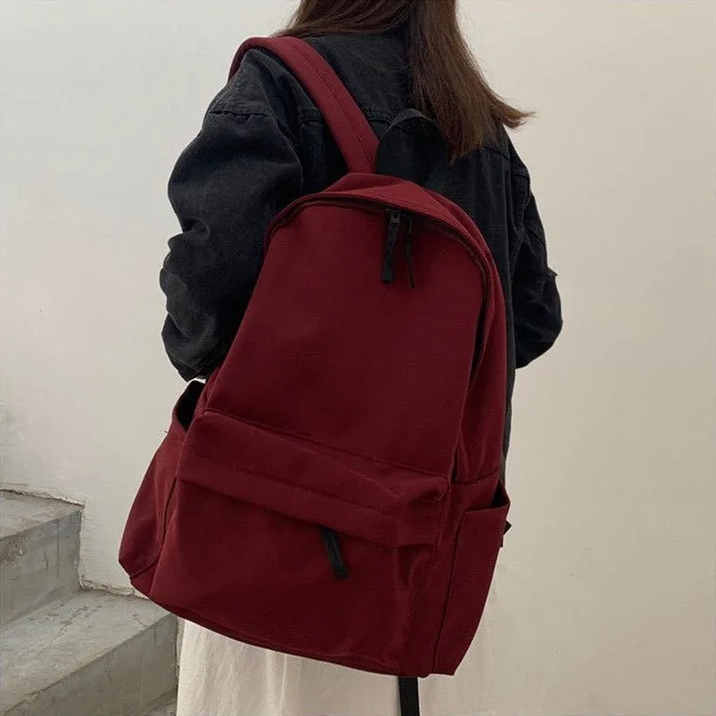 Mochila de gran capacidad para mujer, negro sólido morral, estilo Harajuku, informal, con cremallera, impermeable, estilo japonés